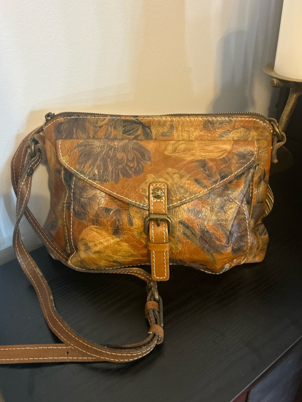 Patricia Nash Floral-Print Italian Leather Crossbody in Warm Brown and Tan